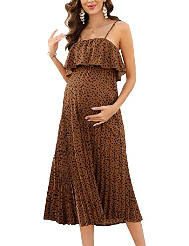 FUNJULY Maternity Dress Womens Spaghetti Strap Floral Maxi Dress Ruffled High Waisted Backless Pleated Dress for Baby Shower Brown Leopard S | Amazon (US)