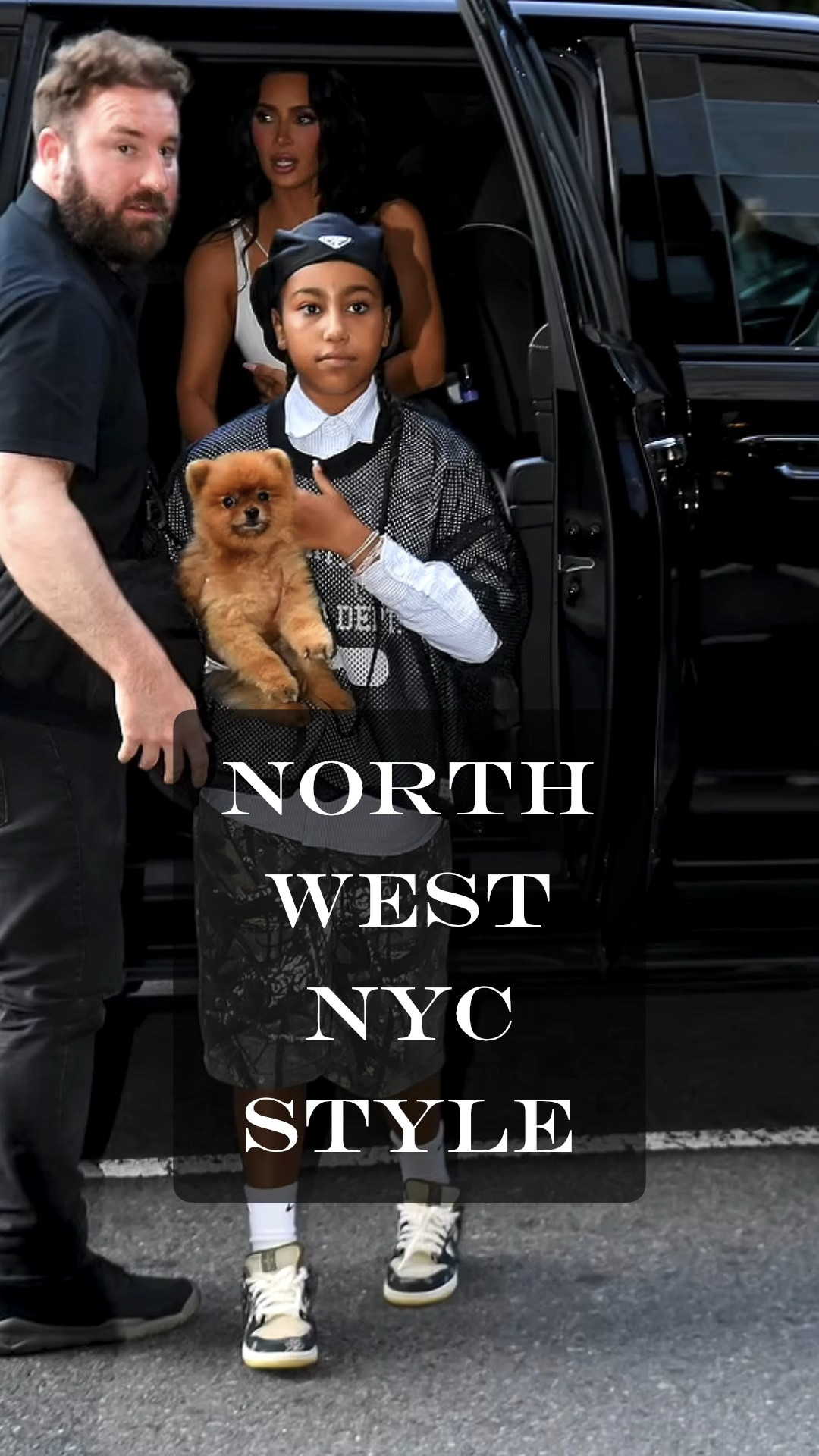 North West & Kim Kardashian New York Streetwear Style. Spotted Kim & North in NYC for The Jimmy Fallon Show. North is wearing a Gallery Department Black Practice Jersey. Prada White & Blue Pinstriped Shirt 👔 Jaded London Forest Camouflage Colossus Jorts 🩳 Prada Black Nylon Newsboy Cap. 🧢  Nike x Travis Scott SB Dunk Low Sneakers 👟(gifted by uncle Travis?) 😜 #celebritystyle #celebstyle #NorthWest #KimKardashian 

#LTKStyleTip #LTKFamily #LTKKids