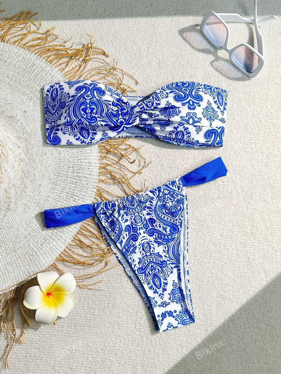 Bikinx Women's Vintage Print Twisted Bandeau Bikini Set With Triangle Pants, Ideal For Vacation S... | SHEIN