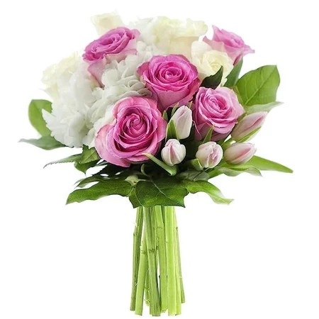 Kabloom Fresh Flower Bouquet with Pink Roses, White Roses, Pink Tulips, White Hydrangeas, and Lemon Leaf Greens | Walmart (US)
