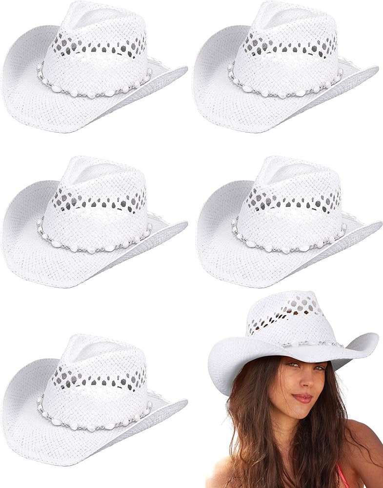 6 Pieces Straw Cowgirl Hat Straw Cowboy Hats for Women with Shapeable Brim, Beaded Hearts Trim, S... | Amazon (US)