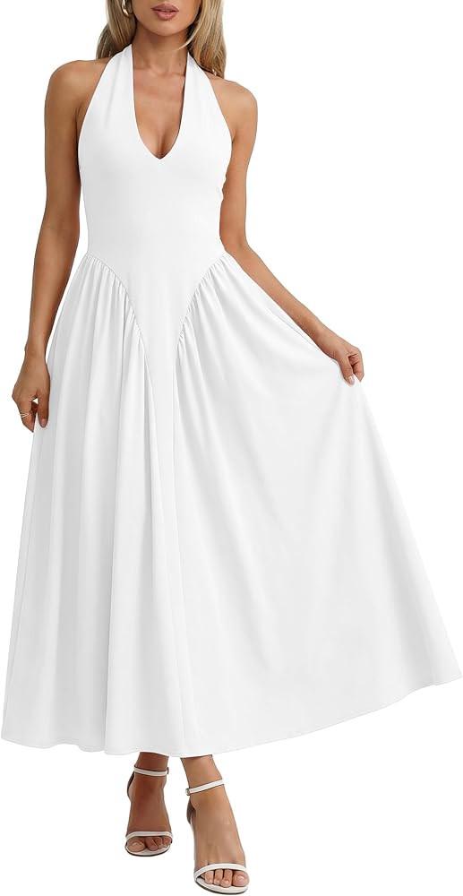 Women Halter V Neck Maxi Dress Sleeveless Drop Waist Corset Formal Sexy Flowy Aline Beach Wedding... | Amazon (US)