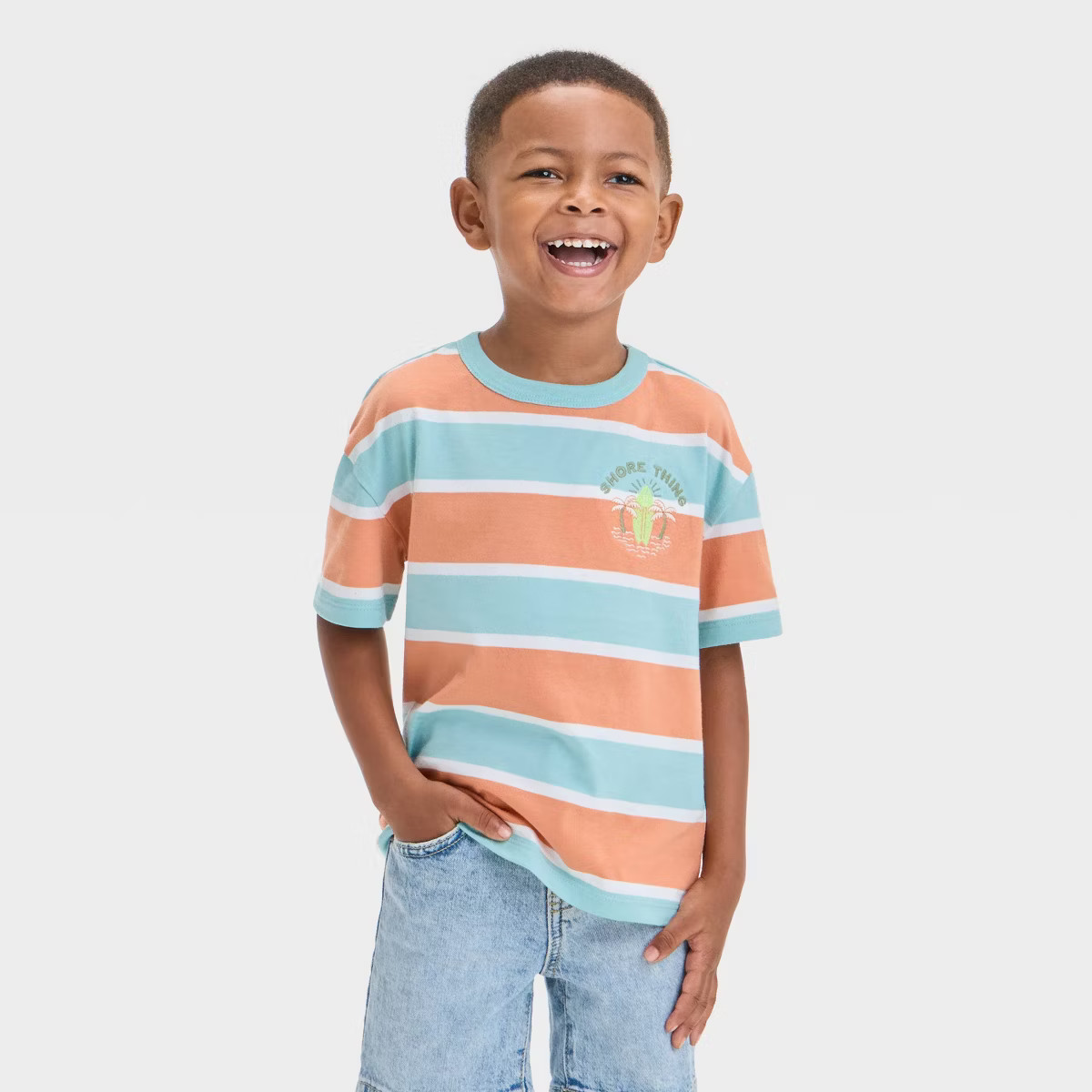 Toddler Boys' Short Sleeve Shore Thing Striped Graphic T-Shirt - Cat & Jack™ Coral Orange | Target
