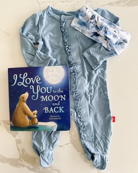 Baby magnetic footie paired with blue floral bow headband and nighttime book. Linking very similar footie! I love these footies because the magnetic aspect is so easy to use. 

#LTKbaby #LTKstyletip