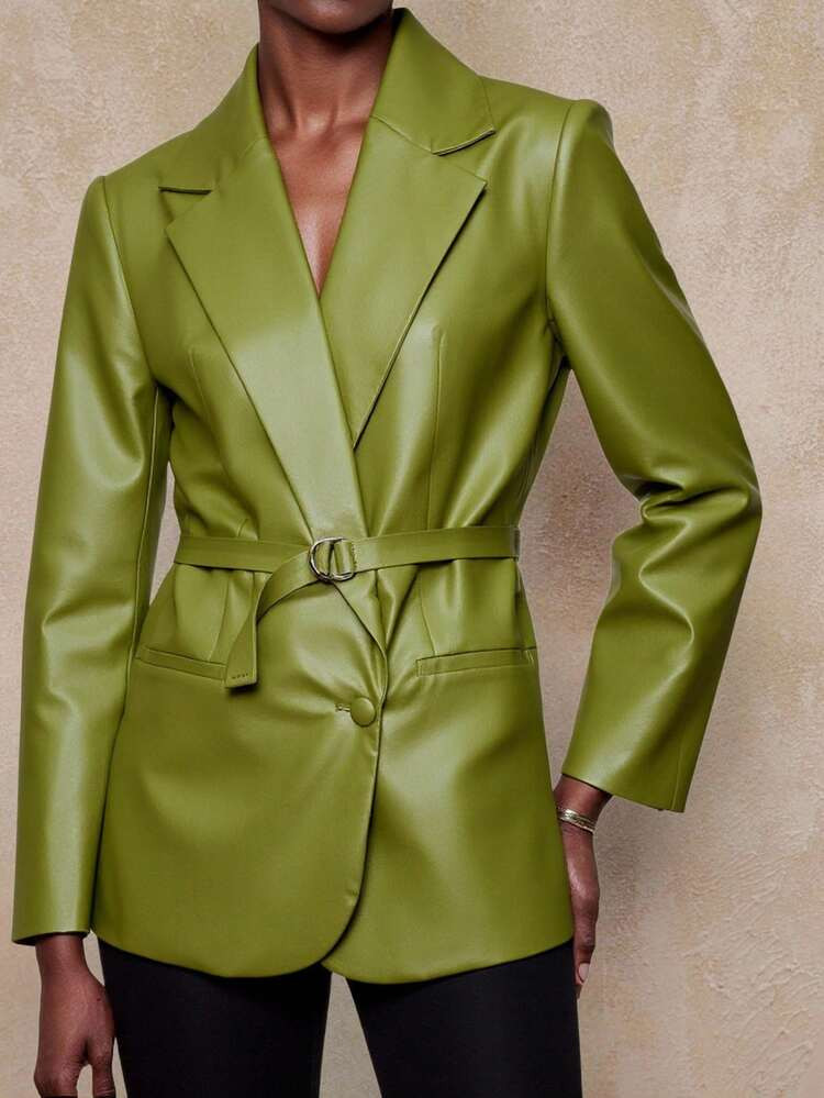 SHEIN Privé VITNOS New Fall/Winter High-End Women's Casual Everyday Commuter Women's Solid Color PU Leather Lapel Neck Long Sleeve Fashion Blazer Green Blazer Women Women Faux Leather Blazer Green Faux Leather Blazer Women Blazer With Belt Women Blazers | SHEIN
