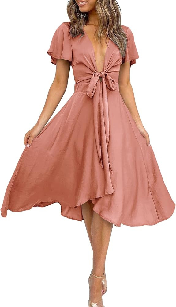 miduo Womens Satin V Neck Ruffle Short Sleeve Tie Front High Waist Midi A-Line Maxi Dresses | Amazon (US)