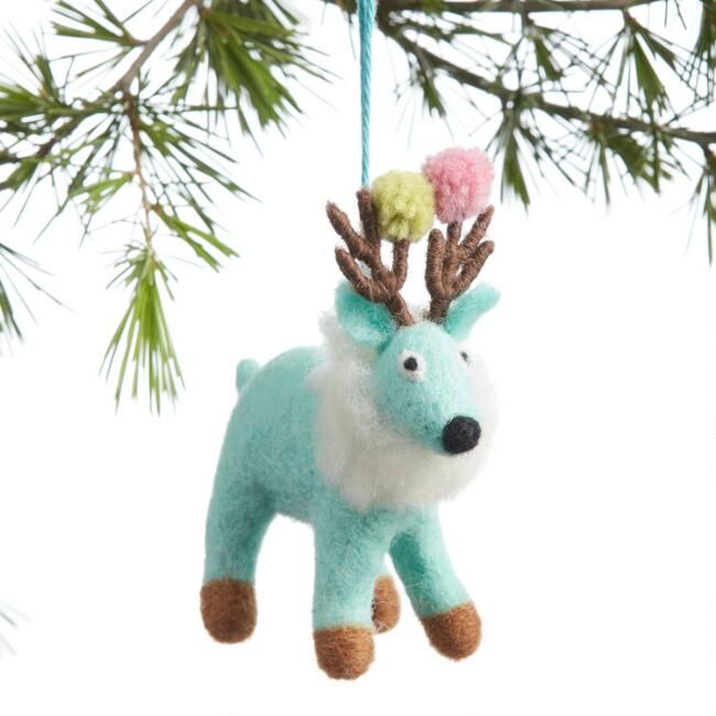 Aqua Blue Felted Wool Pom Pom Deer Ornament | World Market