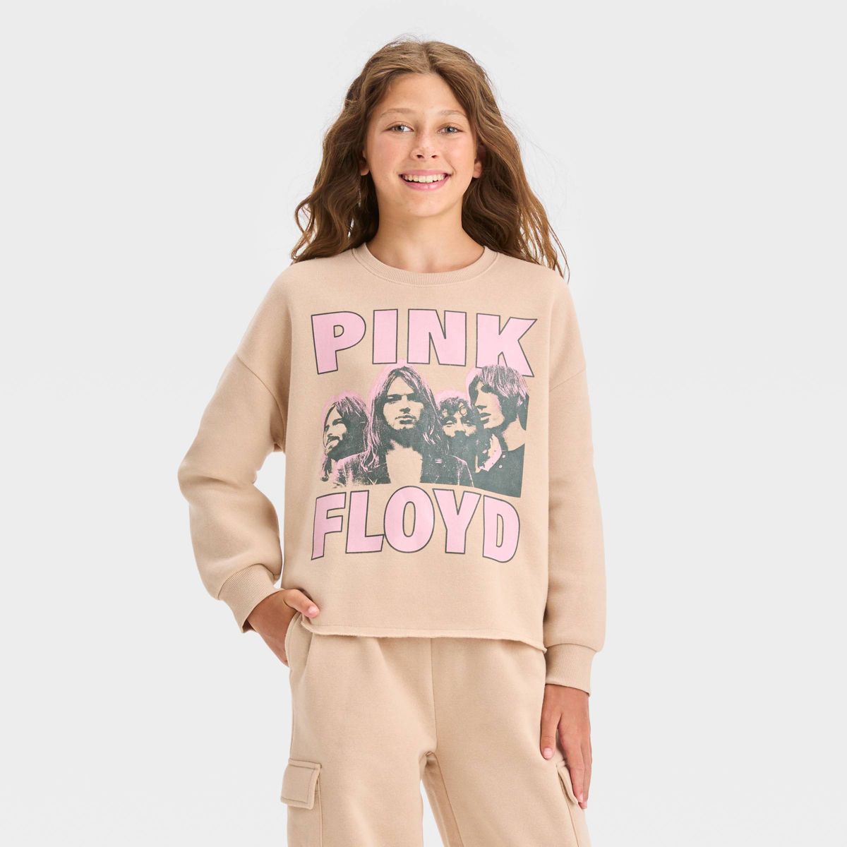 Girls' 'Pink Floyd' Fleece Cropped Crewneck Sweatshirt - art class™ Beige XL | Target