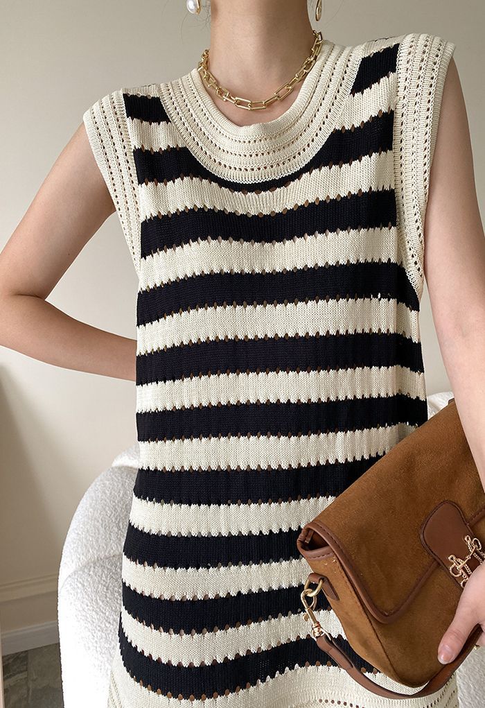 Hollow Out Striped Knit Sleeveless Dress | Chicwish