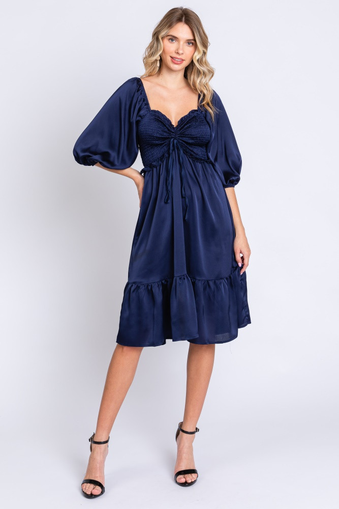 Navy Satin Smocked Ruffle Hem Dress | PinkBlush Maternity