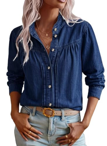 Sidefeel Women Denim Shirts Long Sleeve Jean Jacket Tops Dark Blue M | Amazon (US)