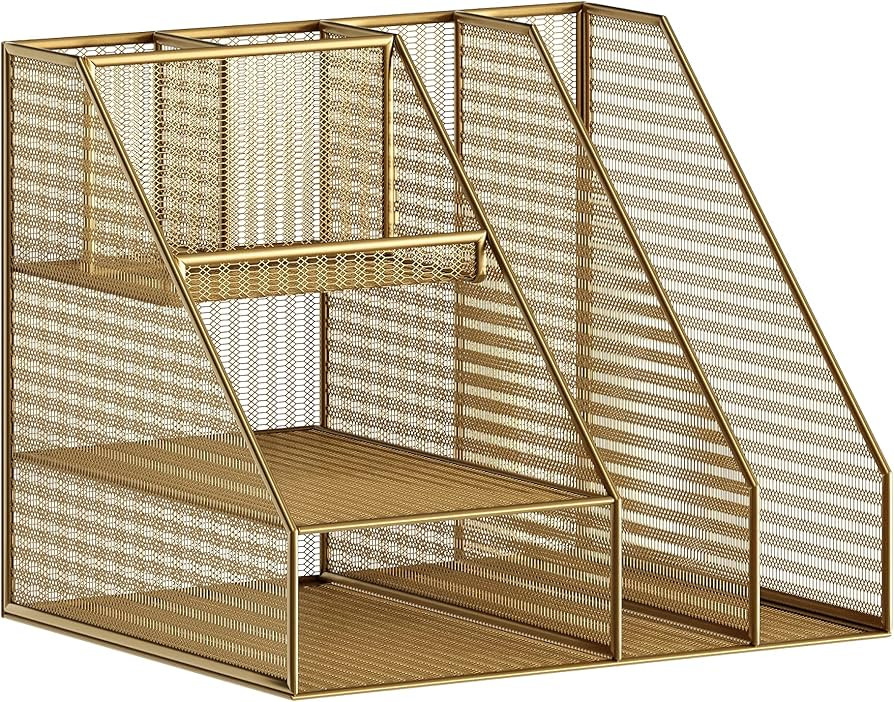Martha Stewart Ryder Gold Mesh Metal Large Desktop Organizer with Magazine File Holder, Pen Holde... | Amazon (US)