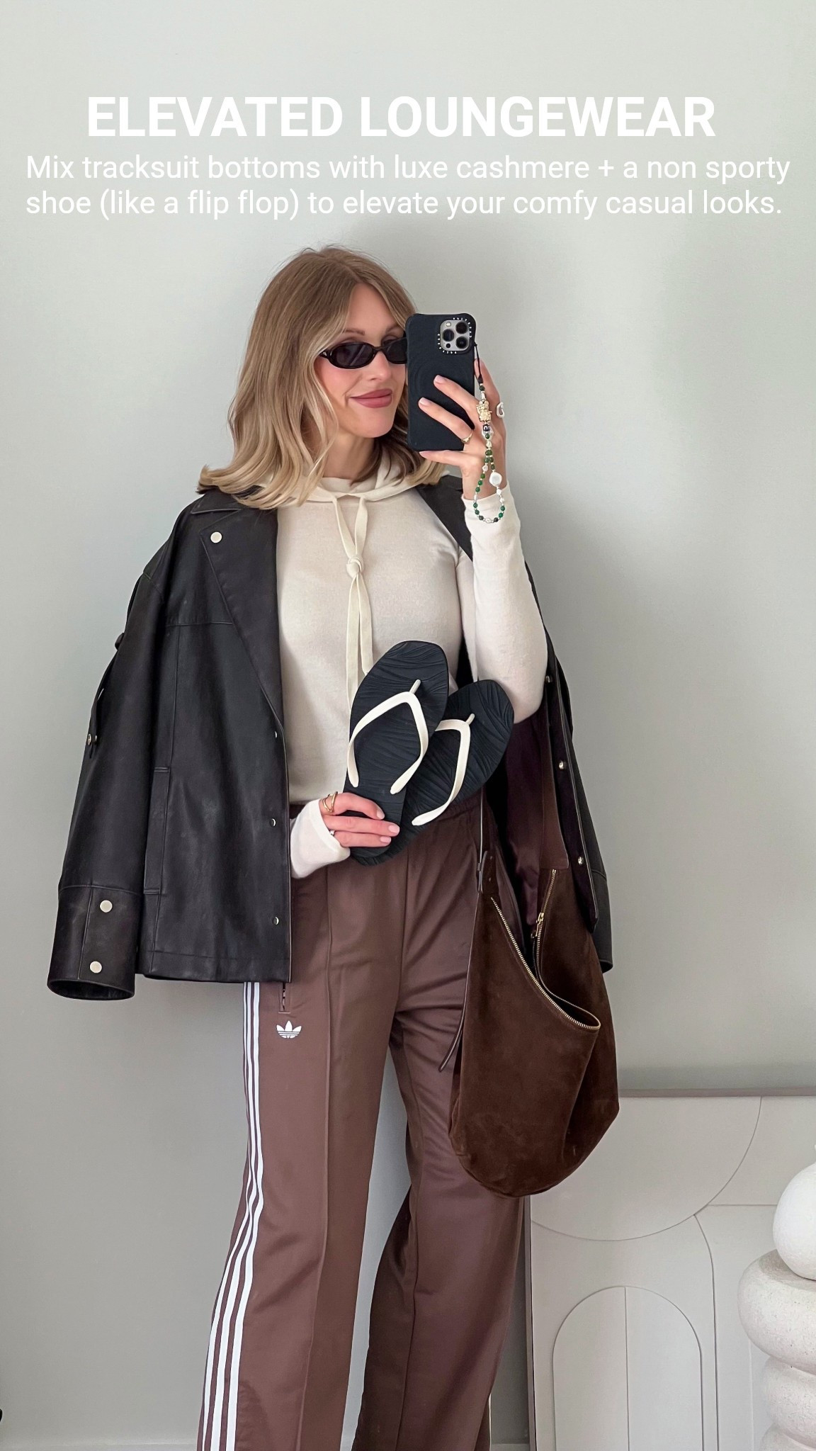 Loungewear chic - casual spring outfit - adidas trackpants - joggers - adidas firebird joggers - cashmere hoodie - flip flops - brown leather jacket - spring jacket - oversize leather jacket - marks and Spencer’s - M&S - suede bag - brown suede - Arket - le specs outta love tortoiseshell sunglasses - Casetify - mum outfit - school holidays - half term 

#LTKuk #LTKshoes #LTKstyletip