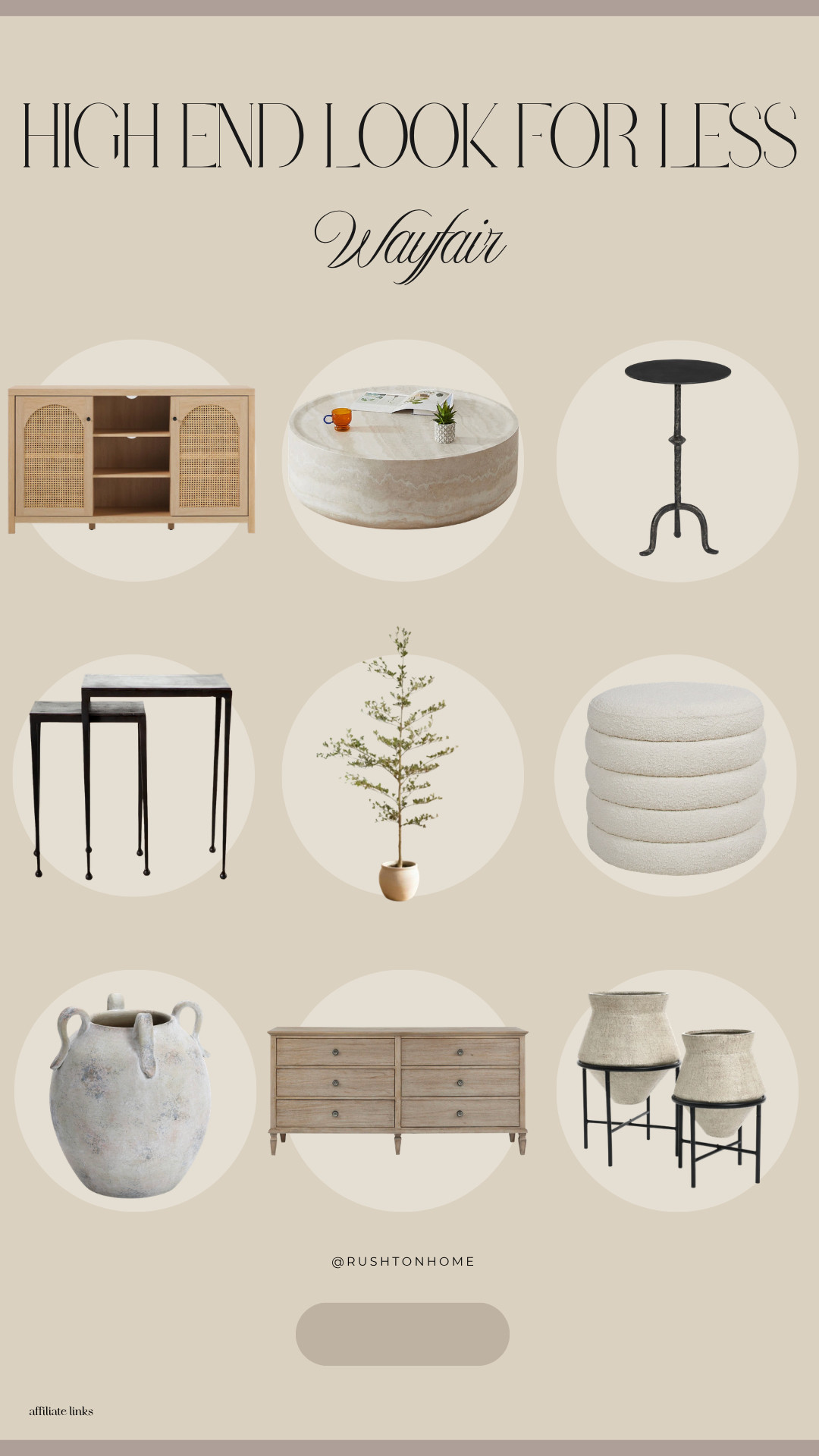 Neutral home decor, high end look for less, wayfair home finds, affordable luxury furniture, organic modern decor, neutral living room furniture, cane cabinet, travertine coffee table, boucle ottoman, modern nesting tables, decorative pottery vase, wood dresser neutral, indoor olive tree decor, minimalist home styling, earthy home decor ideas 

 #LTKHome