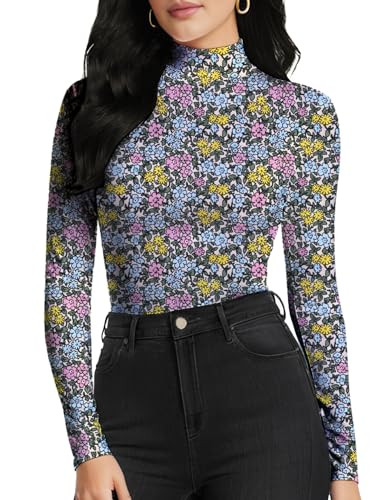 YumiDay Womens Thermal Top Mock Turtleneck(Pink Floral,S) | Amazon (US)