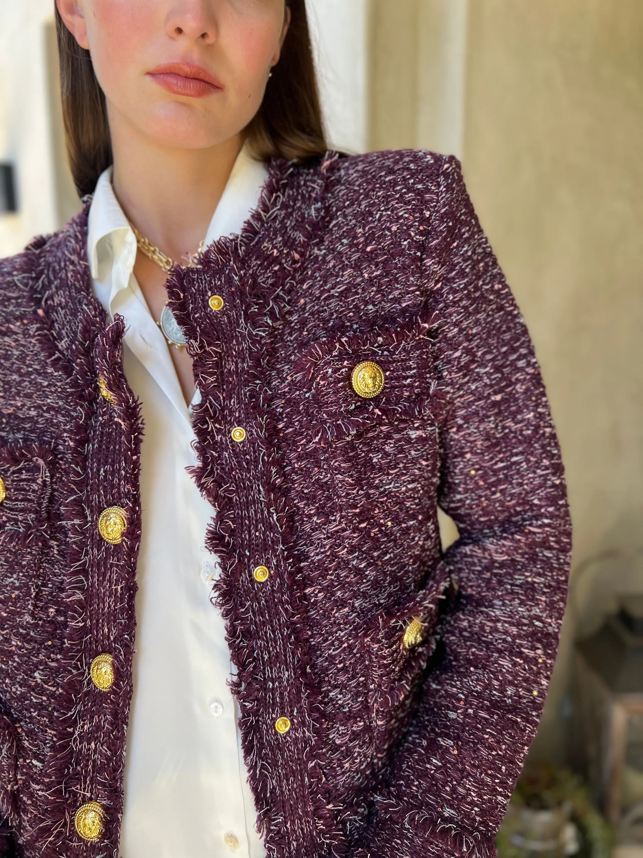 Bethany Tweed Jacket with Gold Buttons - Eggplant | Benaar La
