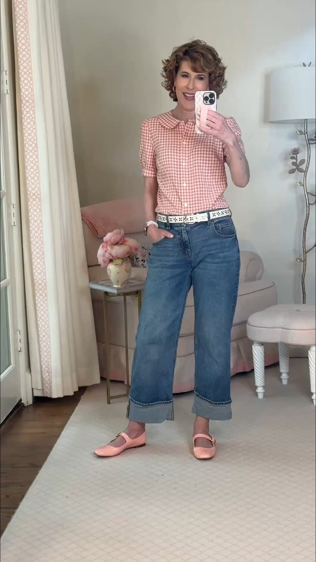 Today’s OOTD is the cute short sleeve gingham shirt from Amazon with subtle puff sleeves and a Peter Pan collar. 

I paired it with a floral cutout belt (this is last year’s version, so linking this year’s very similar one), cropped wide leg jeans, and seashell pink patent Mary Jane’s.

#LTKFindsUnder50 #LTKShoeCrush #LTKStyleTip