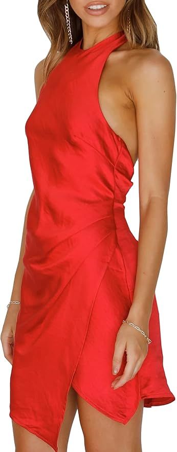Satin Halter Tie Neck Backless Mini Dresses- Sexy Slit Ruched Open Back Twist Silk Formal Short D... | Amazon (US)