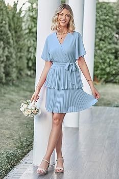 MASCOMODA Womens Casual Wrap V Neck Pleated Mini Dress Short Sleeve Solid Tie Waist Party Short S... | Amazon (US)