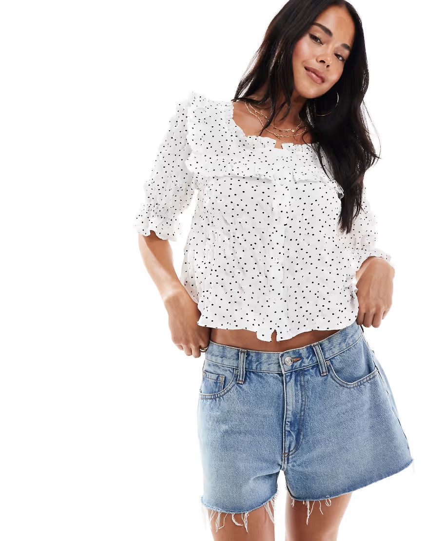 Miss Selfridge button through frill detail blouse in polka dot-Multi | ASOS (Global)