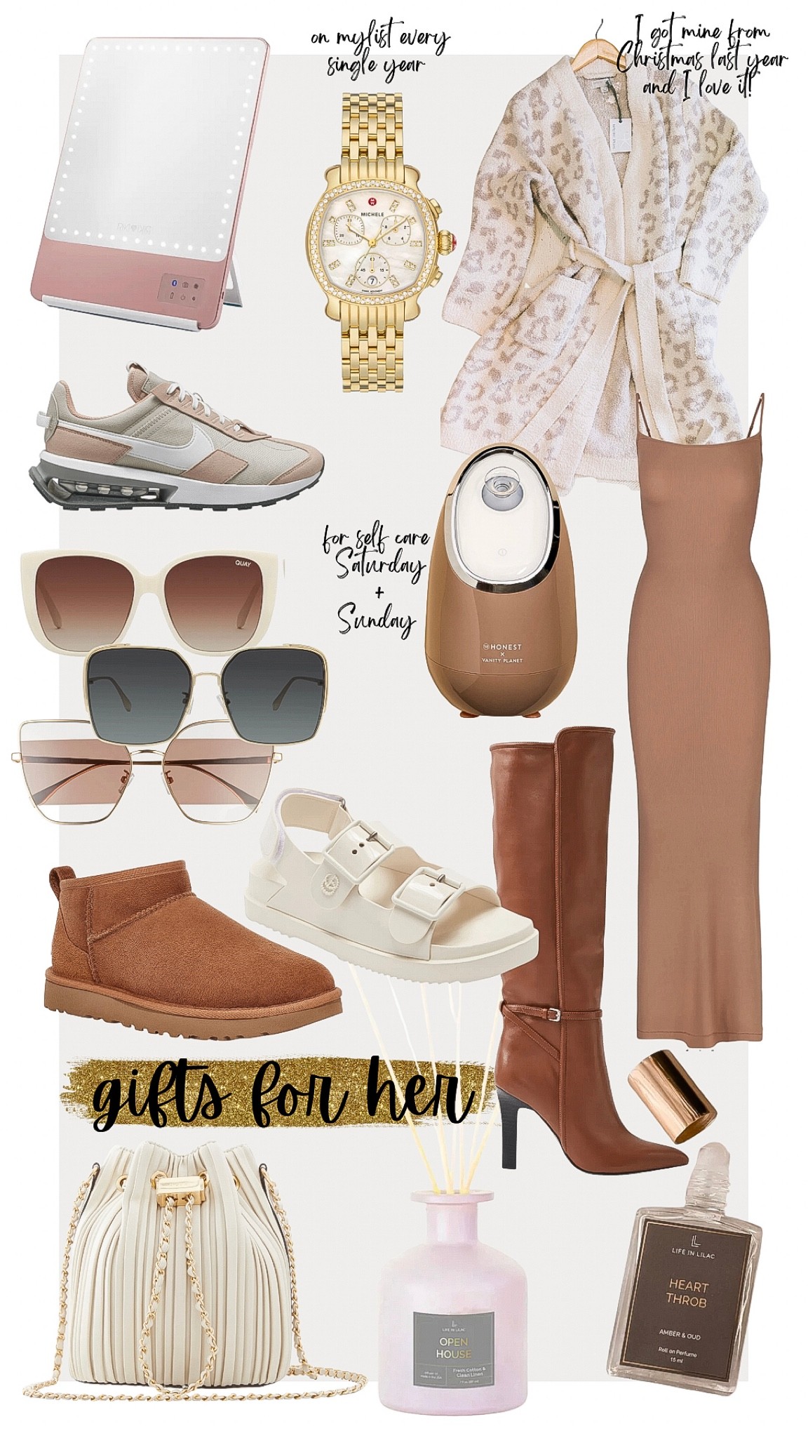 Gifts for her:
- Face steamer
- Skims dress
- Quay sunnies
- Gucci sandals
- Uggs ultra mini
- Cognac boots
- Nike nude shoe
- Barefoot dream robe
- Life in Lilac scents


#LTKSeasonal #LTKHoliday #LTKsalealert