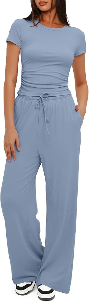 Darong Women's 2 Piece Outfits Lounge Sets Ruched Short Sleeve Tops High Waisted Wide Leg Pants T... | Amazon (US)