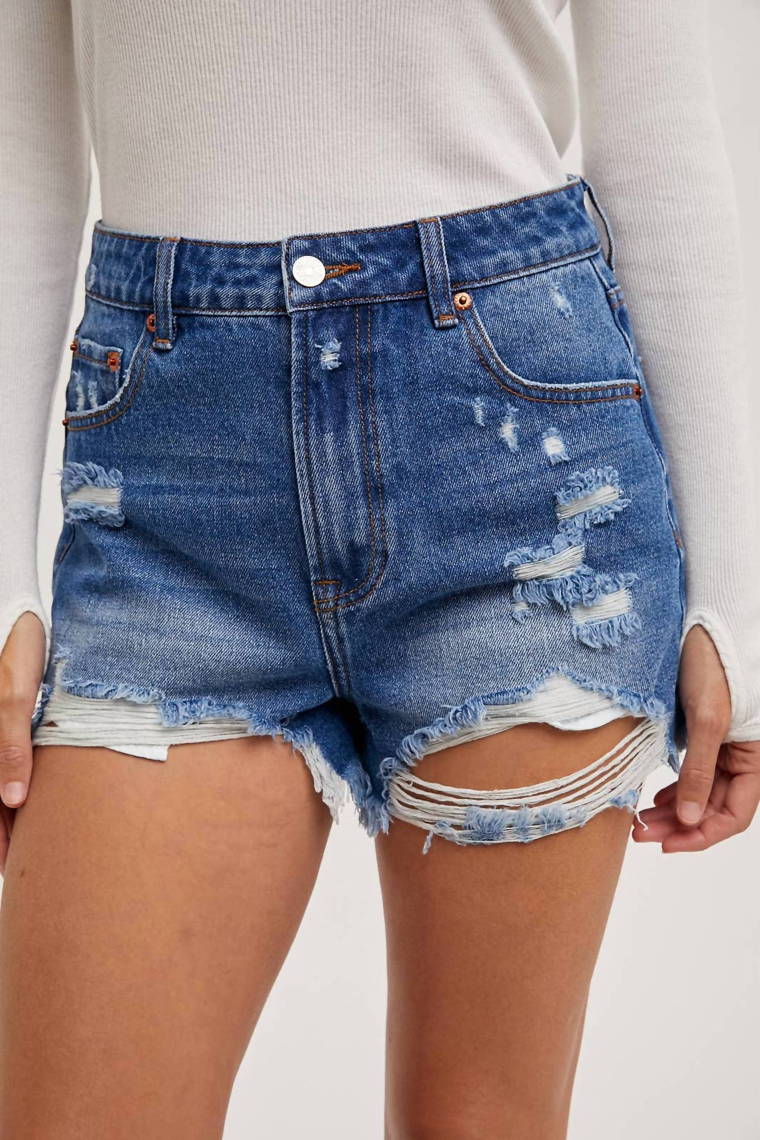 High Rise Distressed Denim Shorts In Med. wash | Shop Simon