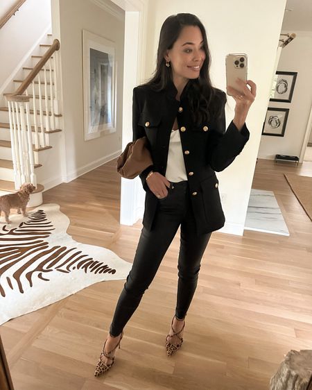 Kat Jamieson wears coated black skinny jeans, a camisole, and a jacket for date night. Leopard print, Bottega, fall outfit, fall style. 

#LTKshoecrush #LTKSeasonal #LTKitbag