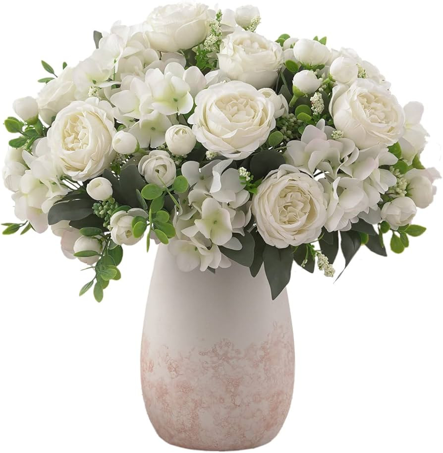 4 Bunches White Peonies Artificial Flowers for Decoration Faux Roses Fake Bouquet Arrangements Pl... | Amazon (US)