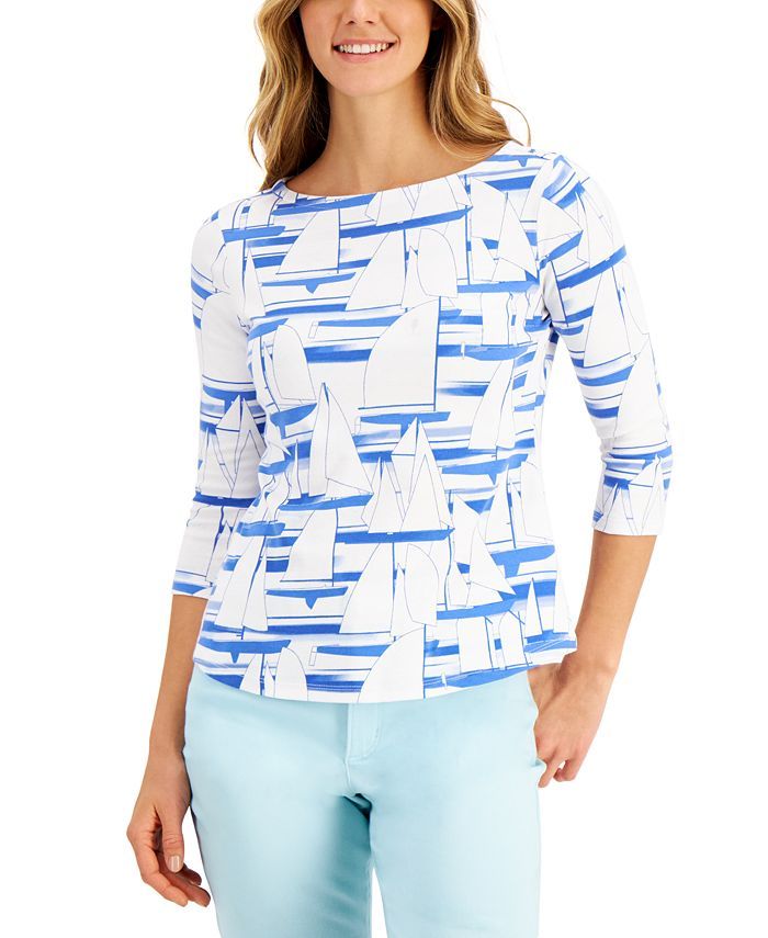 Charter Club Petite Cotton Sailboat-Print Top, Created for Macy's & Reviews - Tops - Petites - Ma... | Macys (US)