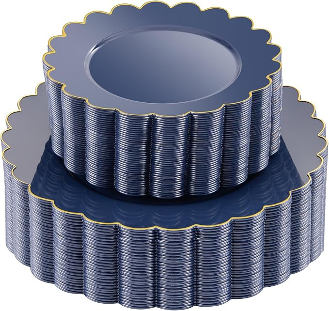 LIYH 60 Pcs Navy Blue Plastic Scalloped Plates with Gold Rim, Blue and Gold Disposable Plates for... | Amazon (US)