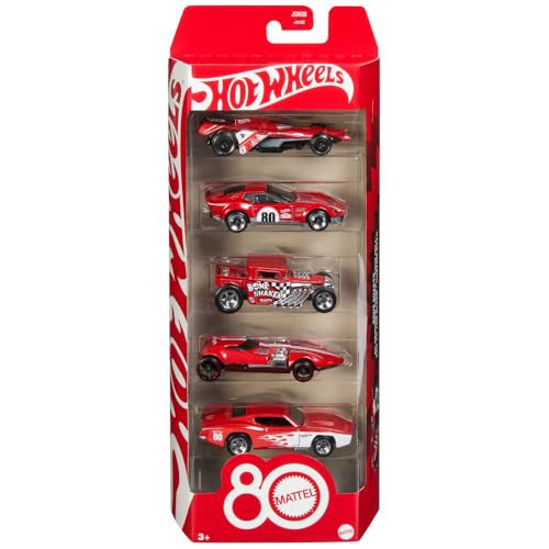 Hot Wheels Toy Cars, 5-Pack of 1:64 Scale Toy Cars with Collectible Deco & Packaging, Core Mattel 80th Anniversary Set of 5 Vehicles | Amazon (US)