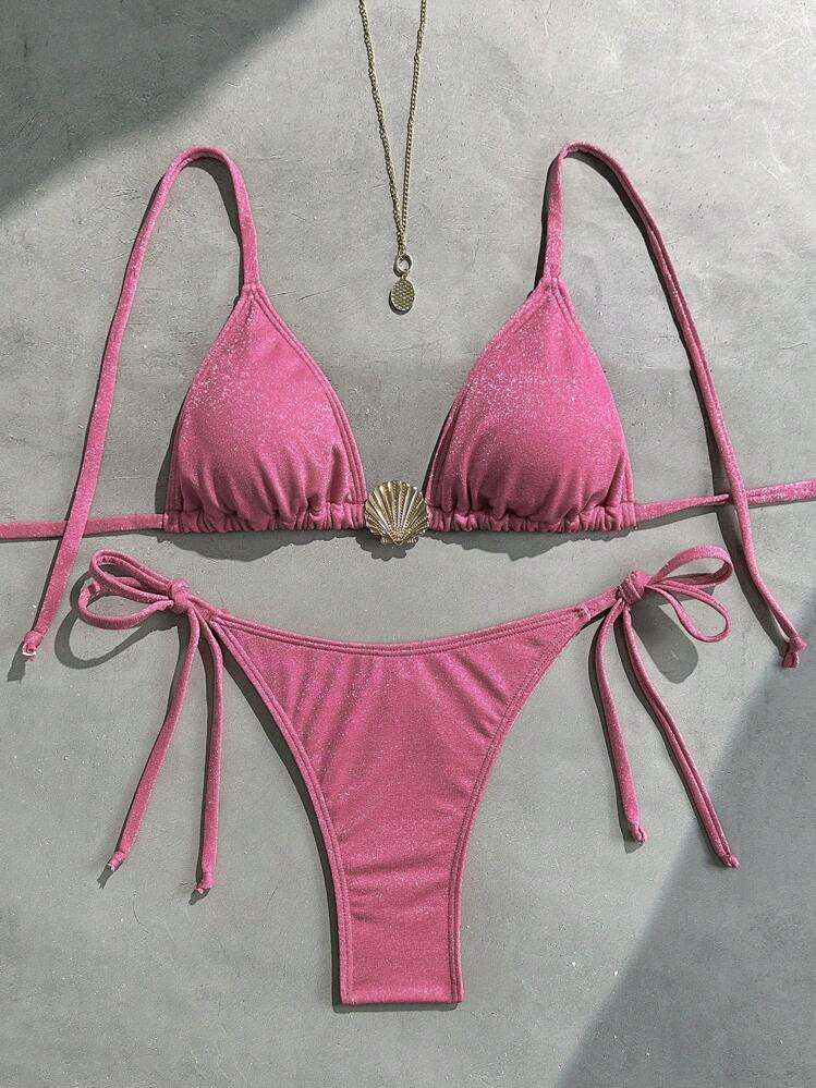 Swim Vcay Women's Shiny Fabric Halter Neck Shell Decor Sexy Bikini Set | SHEIN