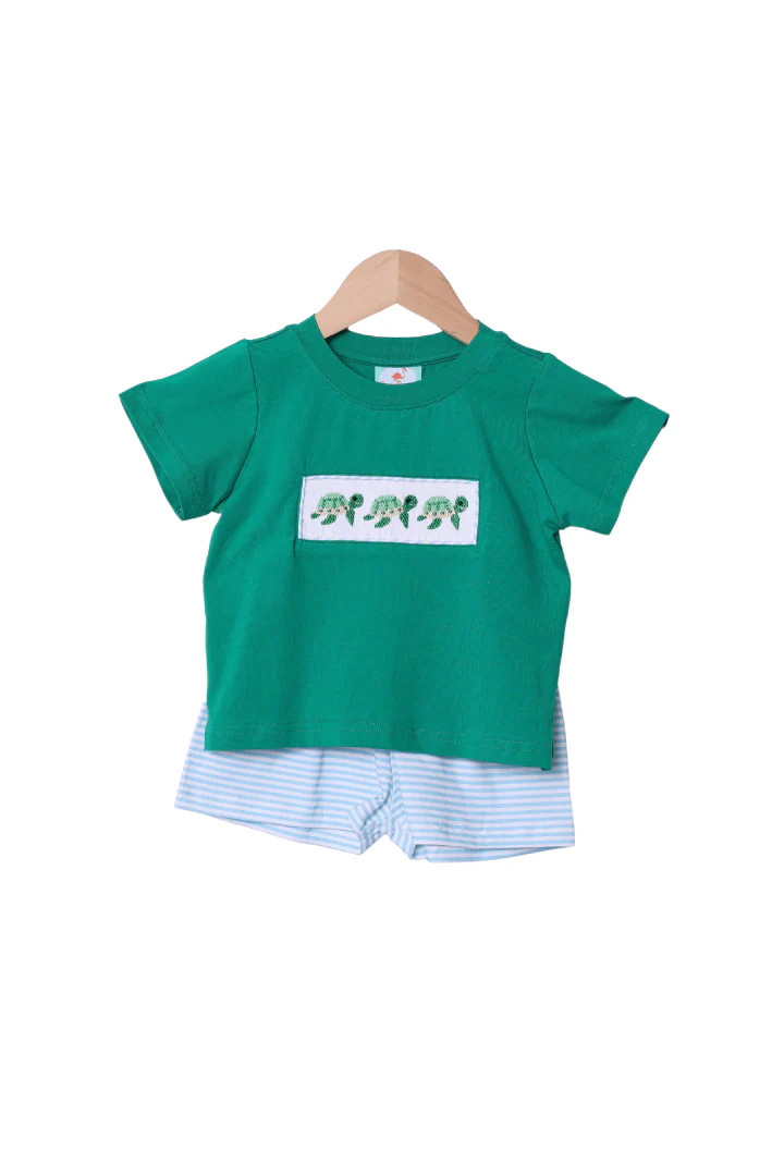 Smocked Turtle Blue/Green Stripe Short Set | The Smocked Flamingo