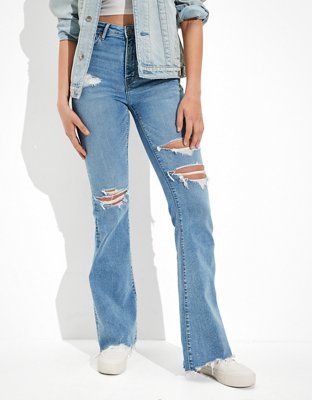 AE Stretch Ripped Super High-Waisted Flare Jean | American Eagle Outfitters (US & CA)