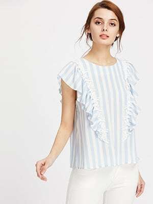 Lace Applique Frill Cap Sleeve Keyhole Back Striped Top | SHEIN
