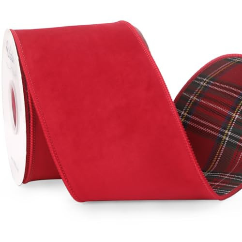 Ribbli Red Velvet Wired Ribbon with Red Tartan Plaid Reversible 4 Inch Christmas Ribbon for Gift Wrapping Christmas Tree Decoration Crafts Wreaths Supplies-Continuous 10 Yards | Amazon (US)
