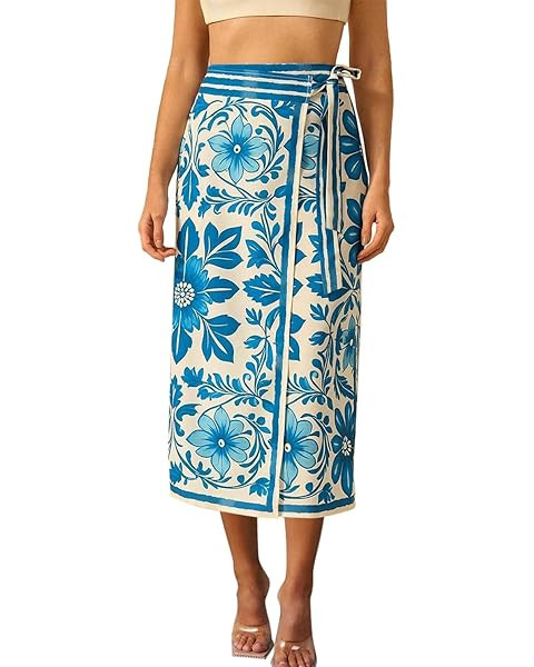 Womens Floral Wrap Midi Skirt Summer Adjustable Tie Side Casual High Waist A Line Beach Boho Long... | Amazon (US)