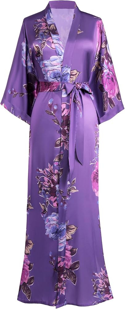 BABEYOND Women's Kimono Robe Long Satin Silky Floral Lightweight Bridesmaid Wedding Bachelorette ... | Amazon (US)