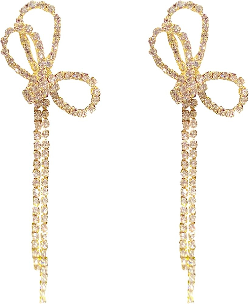 Rhinestones Bow Drop Earrings for Women Girls Silver Crystal Bowknot Tassels Statement Earrings L... | Amazon (US)