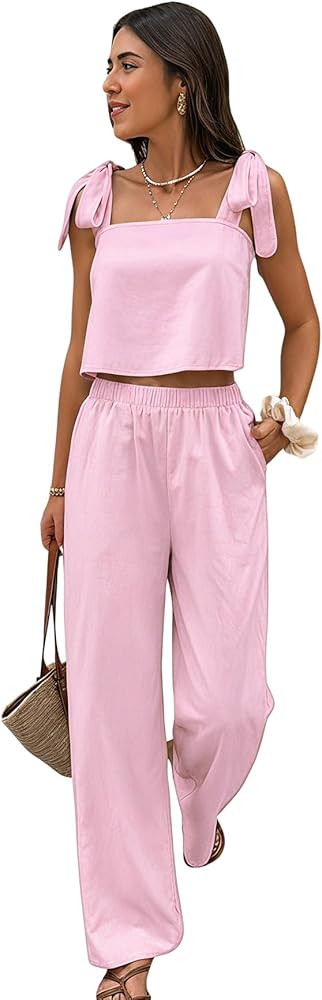 SOLY HUX Women's Summer Vacation 2 Piece Set Tie Shoulder Crop Top and Pants Travel Outfits | Amazon (US)