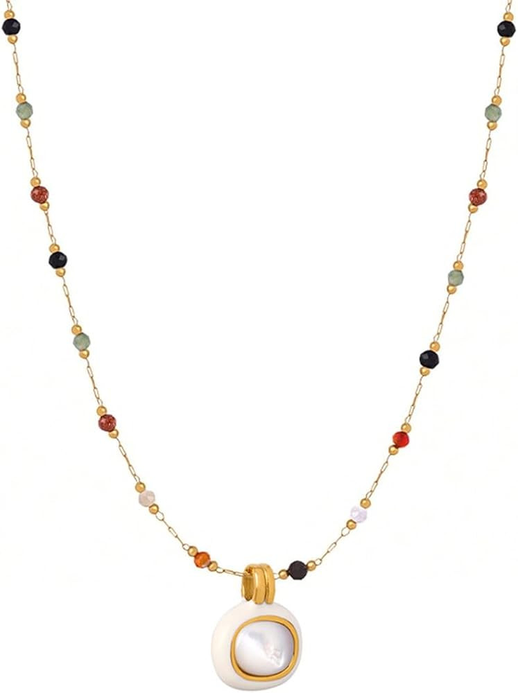 Women's Pendant Necklace Beaded Natural Stones with Malachite/White Shell Pendant -18K Gold-Plate... | Amazon (US)