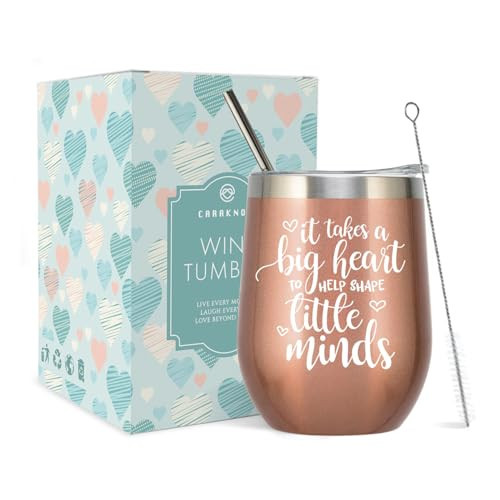 CARAKNOTS Teacher Gifts for Women Wine Tumbler Teacher Appreciation Gifts for Graduation Birthday Retirement Christmas 12 oz Stainless Steel Coffee Tumbler with Lid and Straw Rose Gold | Amazon (US)