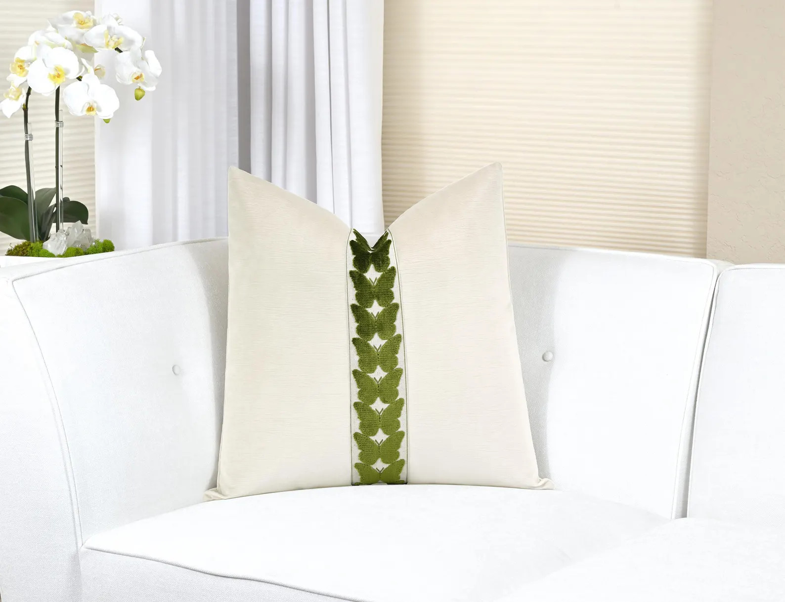 Striated Velvet Throw Pillow Cover in Cream with Small Centered Green Butterfly Trim | Etsy (Global)