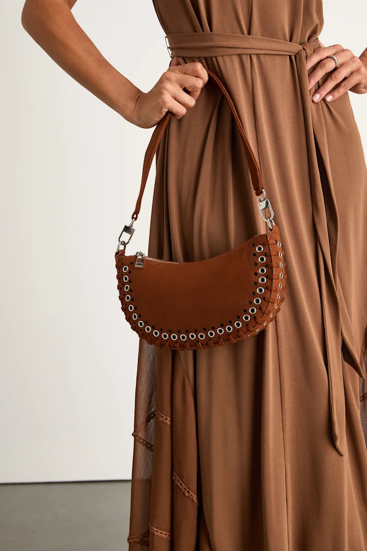 Rachelle Brown Suede Studded Shoulder Bag | Lulus