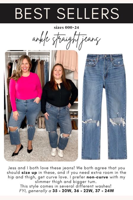 Jess and I both love these jeans! We both agree that you should size up in these, and if you need extra room in the hip and thigh, get curve love. I prefer non-curve with my slimmer thigh and bigger tum.
This style comes in several different washes! FYI, generally a 35 = 20W, 36 = 22W, 37 = 24W

#LTKstyletip #LTKFind #LTKcurves