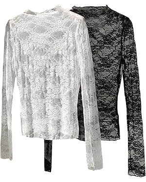 WDIRARA Women's 2 Pack Floral Lace T Shirts Sheer Mesh See Through Long Sleeve Tee Fitted Tops | Amazon (US)