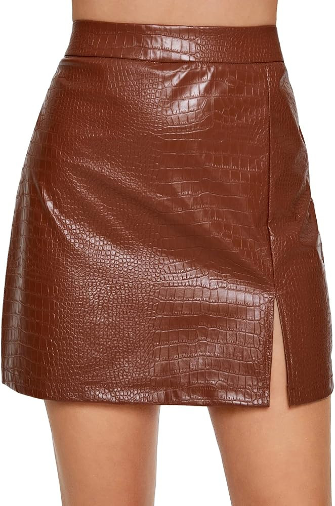 Milumia Women Elegant PU Leather Short Skirt Split Hem Zip Back Solid Mini Skirt Brown Large | Amazon (US)
