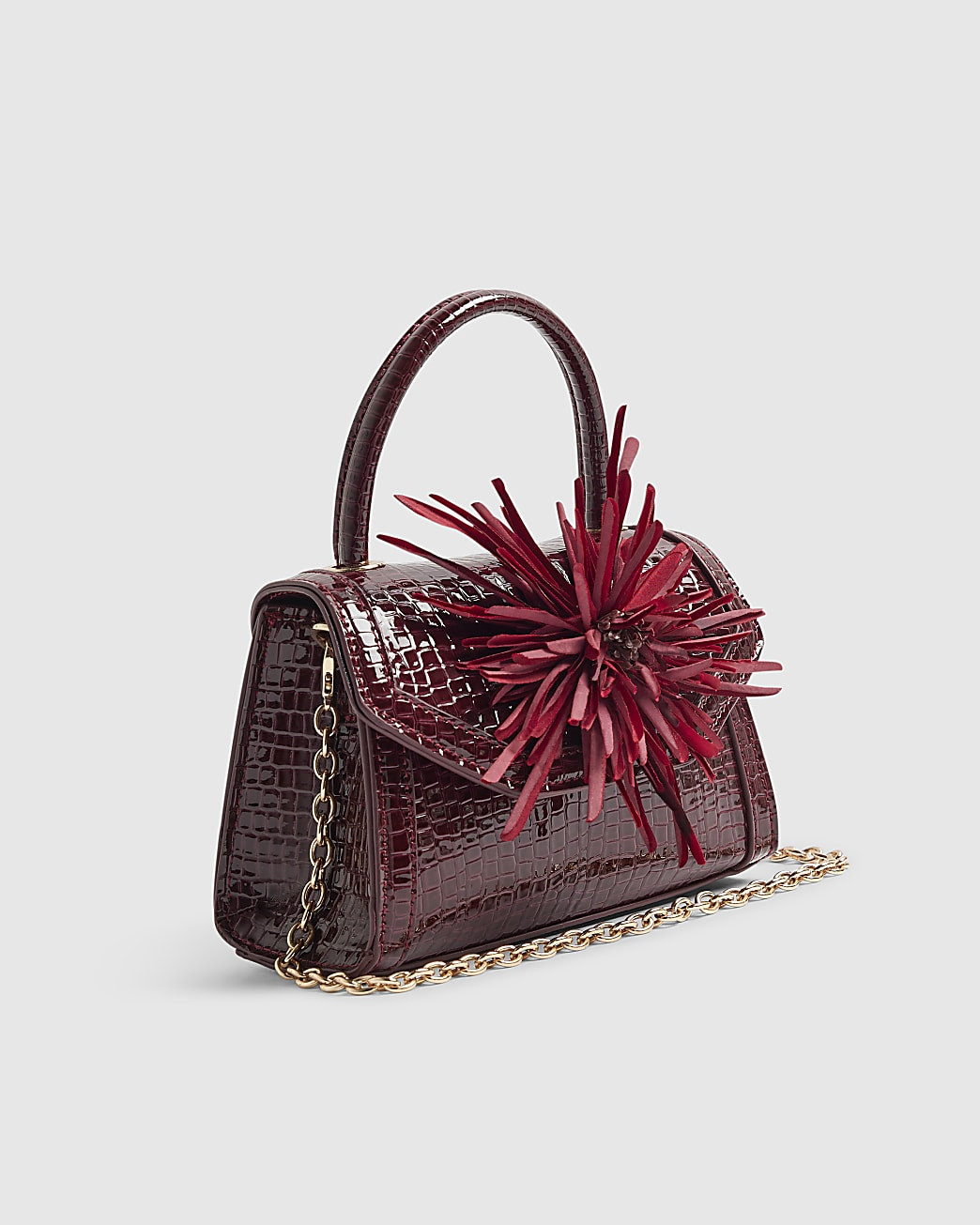 Burgundy Croc Print Flower Clutch Bag | River Island UK & IE