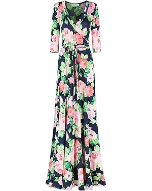 Women's Super Stretchy Maxi Party Dress Spring Floral Print Faux Wrap 3/4 Sleeve V-Neck | Amazon (US)